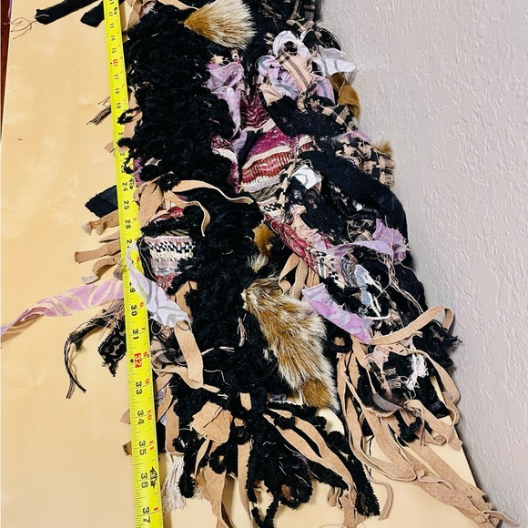 Handmade Leather Fringe Faux Fur Upcycled Statement Upcycled Scarf 76” Unique - Picture 4 of 10